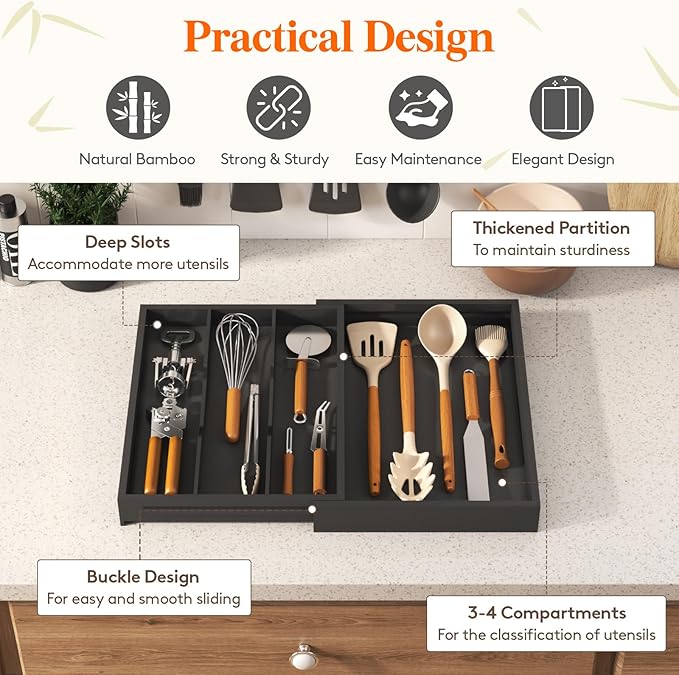 Lifewit Utensil Drawer Organizer, Expendable Cooking Silverware Tray for Kitchen Drawer, Bamboo Adjustable Cutlery Flatware Holder, Spatula Tools and Gadgets Storage Divider, 4 Compartments, Black-Ruum Studio Home