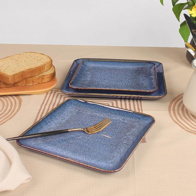 Ceramic Dinner Plates Dish Set, Set of 4, Microwave Oven and Dishwasher Safe, Scratch Resistant, Dinnerware Kitchen Porcelain Serving Dishes Blue, 9 inch Square plate-Ruum Studio Home