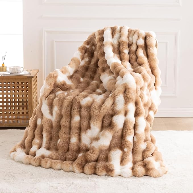 Cozy Faux Fur Throw Blanket for Bed Warm Fuzzy Throw Blanket, Soft Plush Thick Bubble Blankets for Bedroom and Living Room, Furry Luxury Blanket, 60 x 80, Tie-Dye Brown-Ruum Studio Home