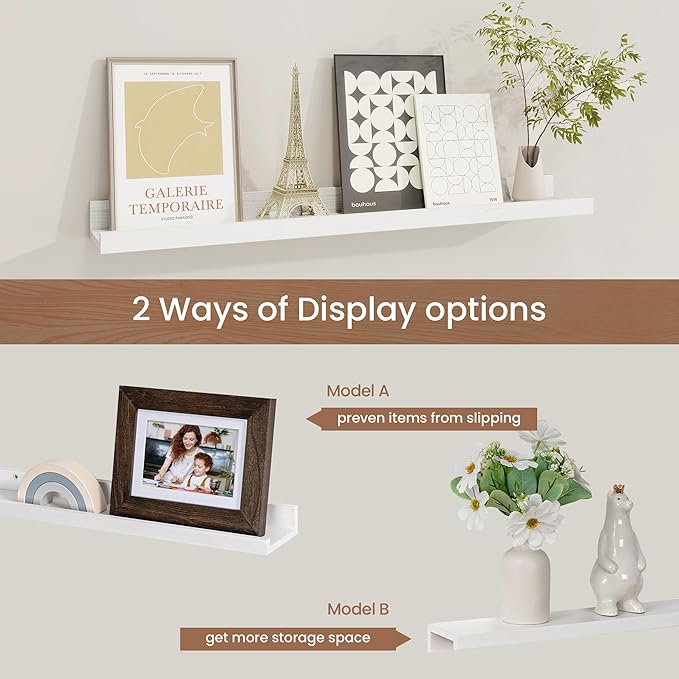 Picture Ledge Shelf, Solid Pine Wood Floating Shelves Set of 2, 24 Inches Nursery Book Shelves for Toys Storage, Kids Bookshelf Wall Mounted for Living Room Bedroom Decor Books Photo Frames, White-Ruum Studio Home