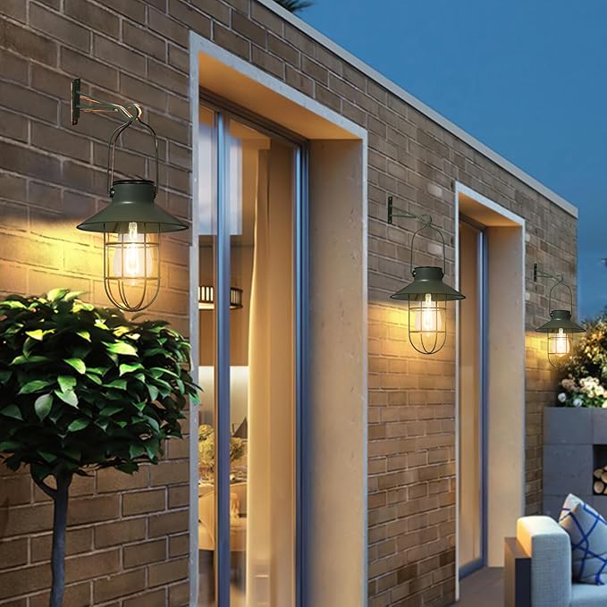pearlstar Solar Lanterns Outdoor Metal Solar Powered Hanging Lights Waterproof for Wall Barn Yard Garden Patio Garage Balcony Porch Fence Decor, Warm White Edison Bulb (Green-2pack)-Ruum Studio Home