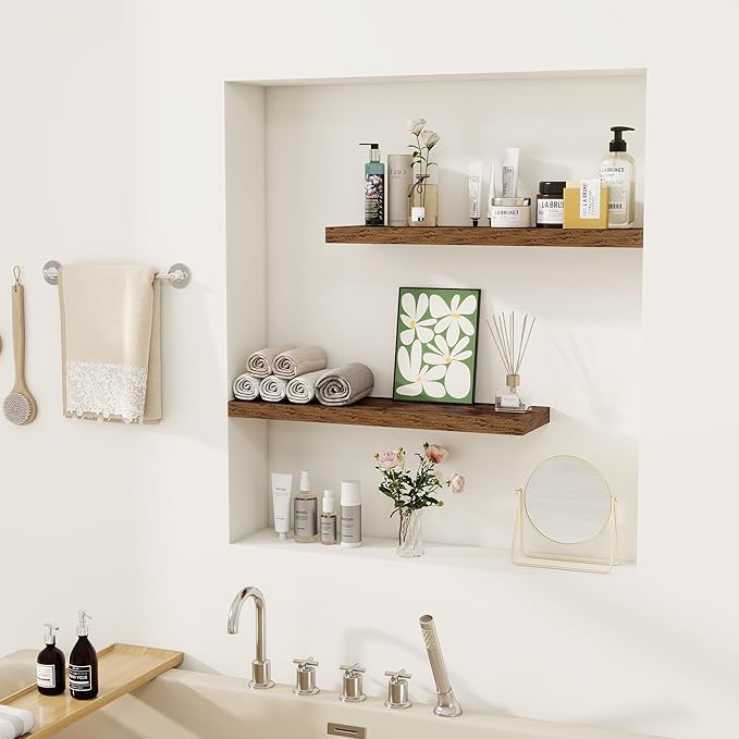 Fun Memories Floating Shelves for Wall, 22.5" Rustic Wood Deep Wall Mounted Shelves with Invisible Brackets for Decor & Storage, Floating Shelf for Living Room, Bathroom (Rustic Brown, Set of 2)-Ruum Studio Home