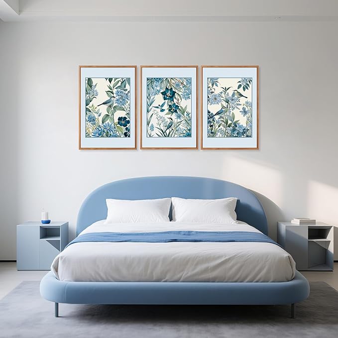 Aurlan Vintage Blue Birds and Botanical Framed Wall Art(24"x36"), 3PCS Classic Chinoiserie Audubon Bird Canvas Artwork, Large Abstract Watercolor Flowers Floral Home Decor for Bedroom Living Room-Ruum Studio Home