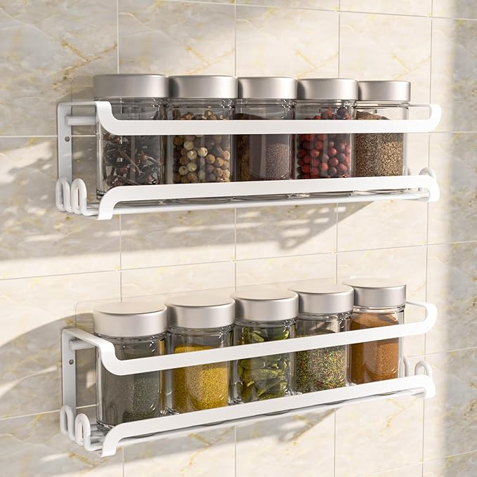 LUCYCAZ 2 Pack Wall Mounted Spice Rack with 16 Hooks, Spice Organizer Shelf for Stove Cabinet Pantry Door,Screw or Adhesive Spice Shelf Hanging Wall Spice Rack in Kitchen and RV (White, 2 PACK)-Ruum Studio Home