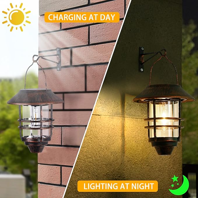Solar Lantern Outdoor, Hanging Waterproof Solar Lights with Wall Mount Kit for Garden Porch Fence 2 Pack,Bronze-Ruum Studio Home