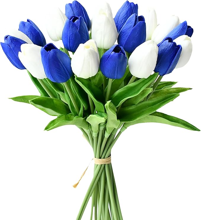 Mandy's Artificial Tulips 20 Stems Blue and White PU Faux Flowers for Wedding Home Decor 13.5 Inch-Ruum Studio Home