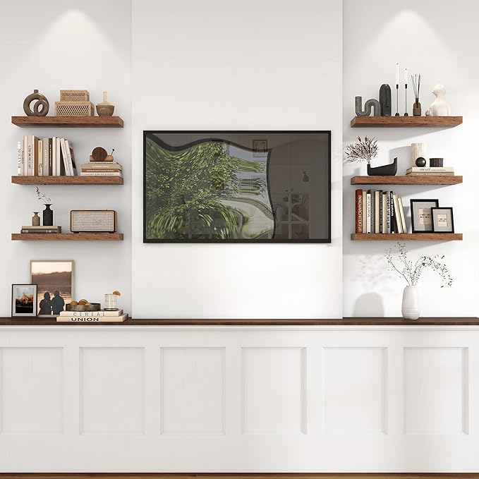 Heimlove 24 inch Floating Shelves for Wall,9.3 inch deep Brown Bathroom Over Toilet Shelf,Wall Mounted Rustic Wood Shelves for,Bedroom,Living Room,Kitchen,Office Decor Set of 2-Brown-Ruum Studio Home