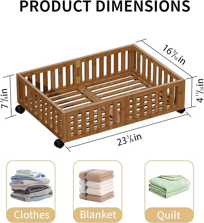 Bamboo Under Bed Storage with Wheels (2-Pack) – Rolling Underbed Shoe Organizer Box for Shoes, Blankets, Toys, Clothes Container Space-Saving Organizer Bins for Bedroom, Closet, Dorm, Nursery-Ruum Studio Home