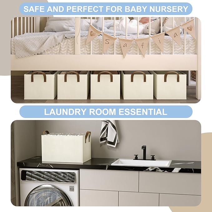 Closet Storage Bins, Fabric Closet Organizers and Storage Basket for Shelves, Collapsible Shelf Baskets for Organizing Shelves, Bedroom Clothes Basket, Beige, 3 Pack-Ruum Studio Home