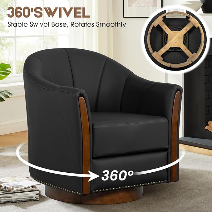 360° Swivel Accent Chair, Modern Leather Barrel Club Chair with PU Leather Upholstery and Sturdy Wood Base, Comfortable Armchair for Living Room, Bedroom, Reading Nook, Black-Ruum Studio Home