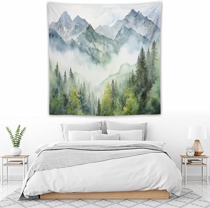 HZOHNAGO Mountain Tapestry Misty Green Forest Mountain Pattern Printed Wall Tapestry Wall Hanging for Bedroom Living Room Dorm 60" W x 60" H-Ruum Studio Home