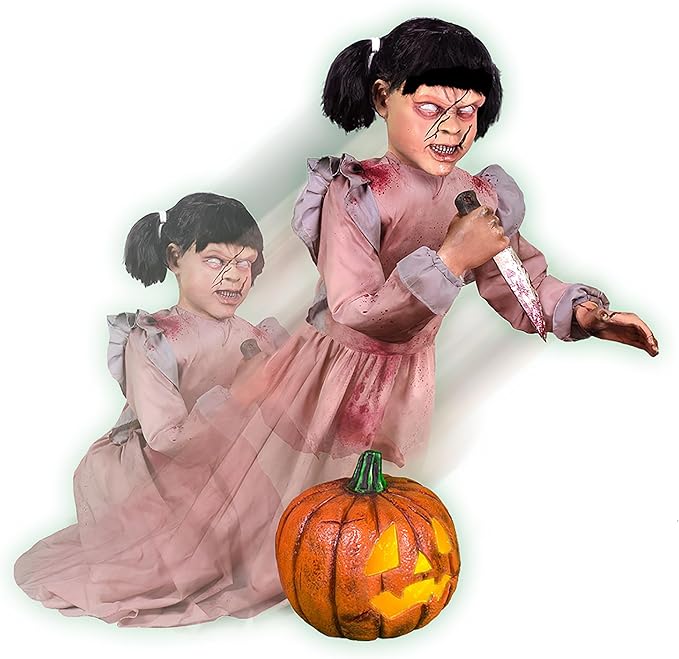 Haunted Hill Farm Lunging Pumpkin Carver Zombie Girl by Tekky, Motion-Activated Talking Halloween Animatronic for Indoor or Covered Outdoor Creepy Halloween Decorations, Plug-in or Battery Operated-Ruum Studio Home