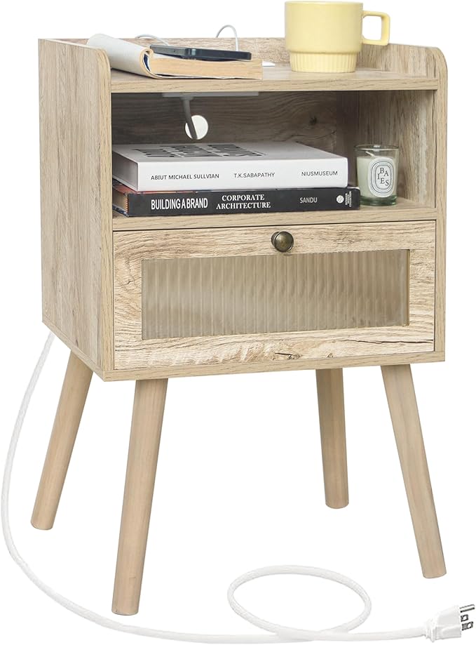 AWASEN Nightstand with Charging Station, Modern Bedside Table with Glass Decorative Drawer, Charging Night Stand Side Tables for Bedroom and Small Space, Rustic White Oak-Ruum Studio Home