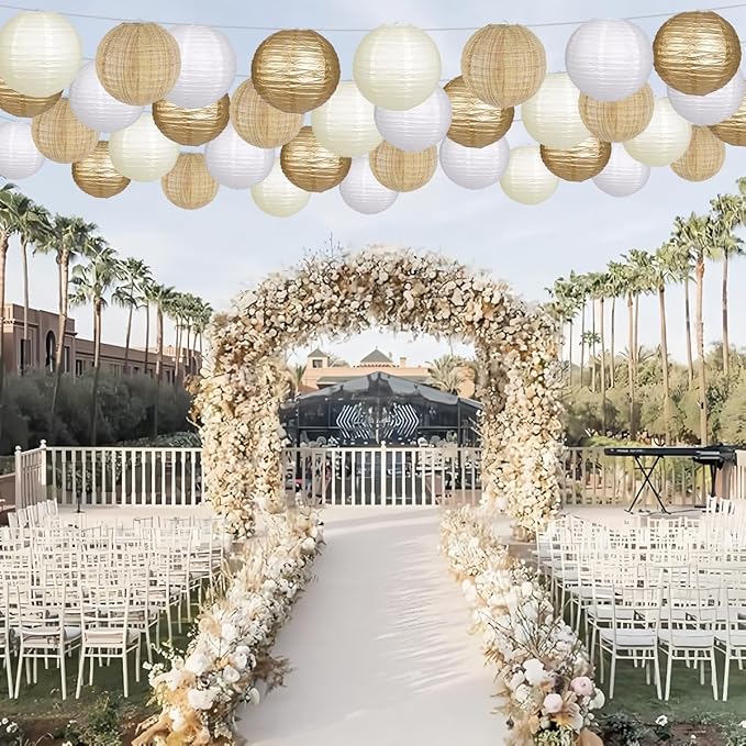 Paper Lanterns Gold White Round Hanging Chinese Lanterns for Wedding Birthday Party Boho Baby Shower Decorations Pack of 12-Ruum Studio Home