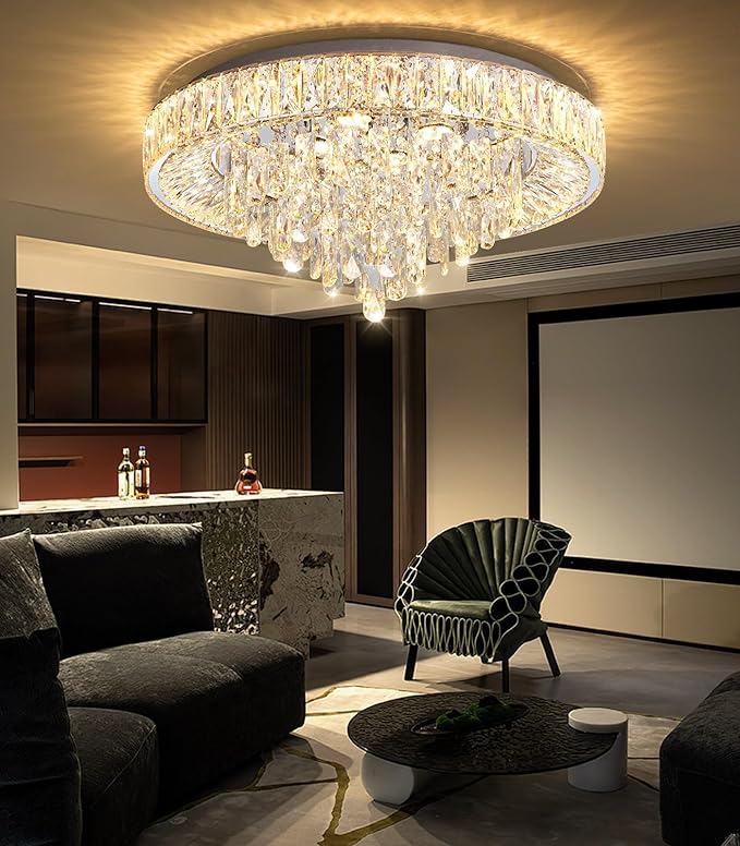 23.6'' Modern Crystal Chandeliers LED Dimmable Flush Mount Ceiling Chandeliers for Living Room Entrance Foyer Bedroom Silver-Ruum Studio Home