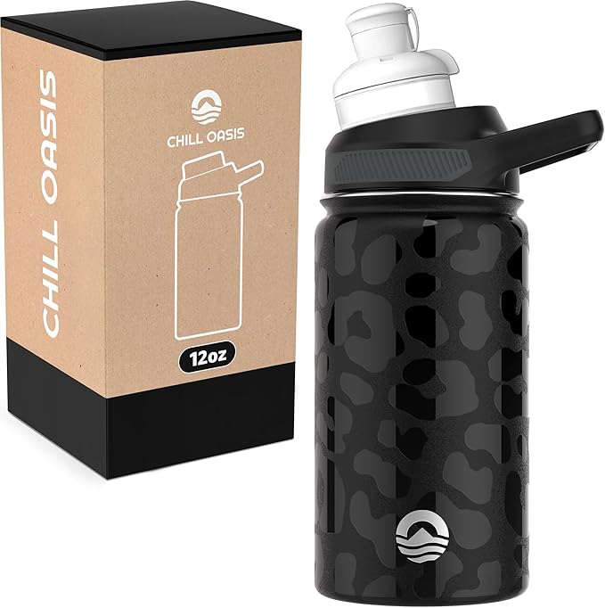 Chill Oasis Water Bottle | Compatible With Popular Flavor Cartridges | BPA Free, Leak Proof, Double-Walled Vacuum Insulated Stainless Steel, and Dishwasher Safe | Cold for 24 Hours (Leopard, 12oz)-Ruum Studio Home