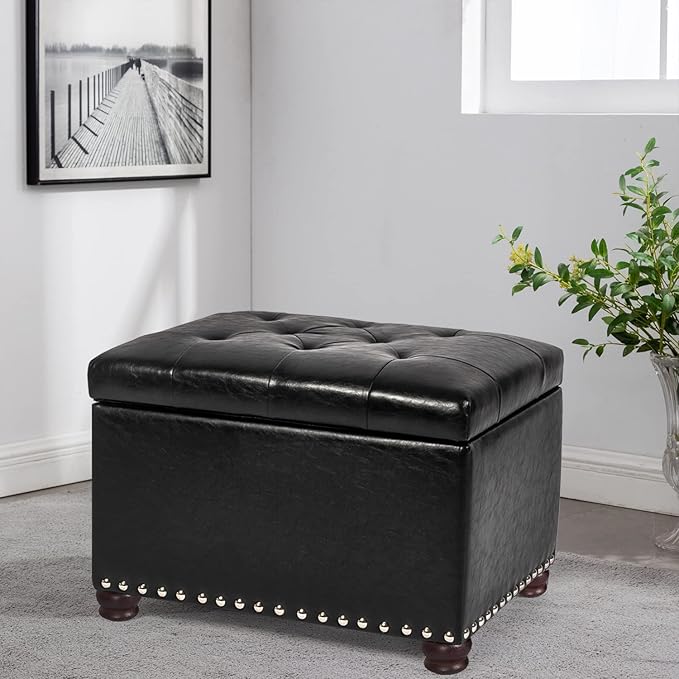 24'' Leather Storage Ottoman Rectangular Foot Rest Stool with Nailhead Trim Toy Chests & Storage Room Organizer for Bedroom Living Room(Black)-Ruum Studio Home