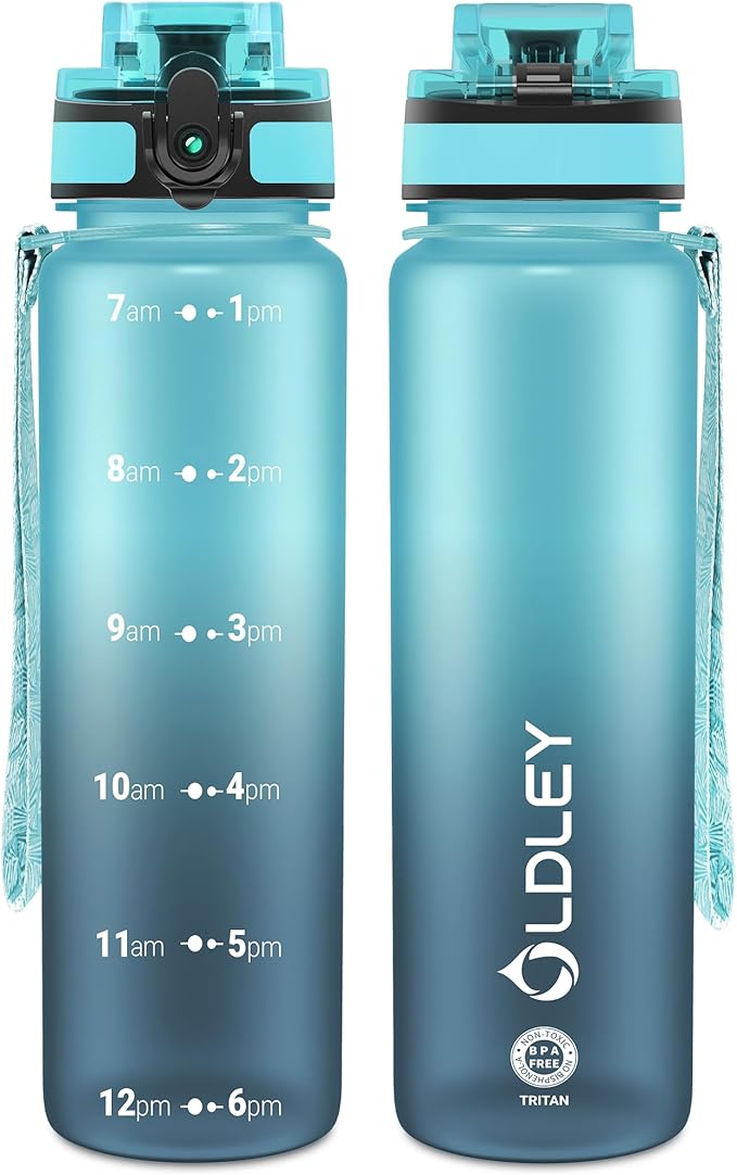 OLDLEY 32 oz Water Bottle, Motivational Water Bottle with Time Marker, Sports Water Bottle With Strap, Leakproof & BPA Free Large Water Bottles for School, Gym, Travel, Outdoor, Tritan,Blue&Gray-Ruum Studio Home