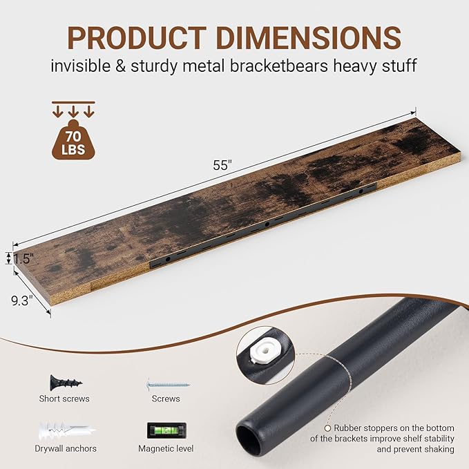 Heimlove 55 Inch Long Floating Shelves for Wall,9.3" Deep Rustic Brown Floating Shelf Set of 2,Large Display Shelf & Storage Shelf,Wall Mounted Shelves for Bedroom Living Room Kitchen Office-Ruum Studio Home