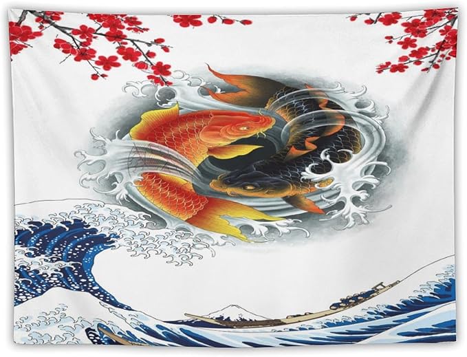 Houselerax Koi Fish Tapestry, Japanese Style Yin Yang Big Wave Cherry Blossoms Tapestries Wall Hanging for Bedroom Living Room Office Decor 90"x60"-Ruum Studio Home