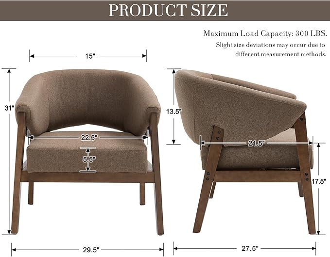 Mid-Century Modern Accent Chair, Comfy Barrel Armchair with Wide Seat, Upholstered Lounge Chair with Walnut Wood Legs for Living Room/Bedroom/Reading Corner, Linen Fabric, Brown, 1PC-Ruum Studio Home