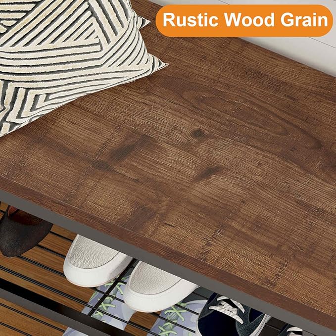 BON AUGURE Hall Tree with Shoe Storage, 5-in-1 Reversible Entryway Bench with Coat Hooks for Hallway, Rustic Wood and Metal Coat Rack with Shelves for Mudroom (Rustic Oak)-Ruum Studio Home