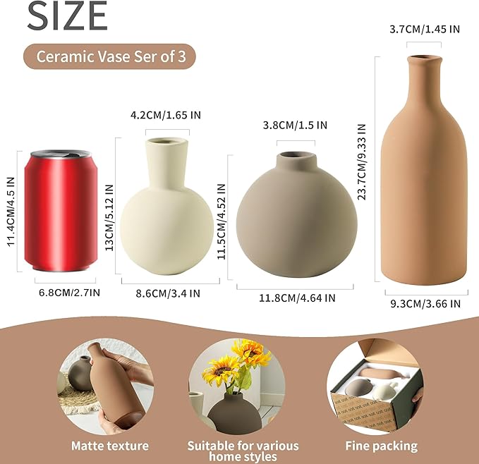 Vase Set of 3 | Ceramic Neutral Vases Home Decor | Rustic Flower Pottery Vases Modern Farmhouse Vase for Table Entryway Mantel Centerpiece Bookshelf Living Room Bathroom Bedroom -Brown Large-Ruum Studio Home