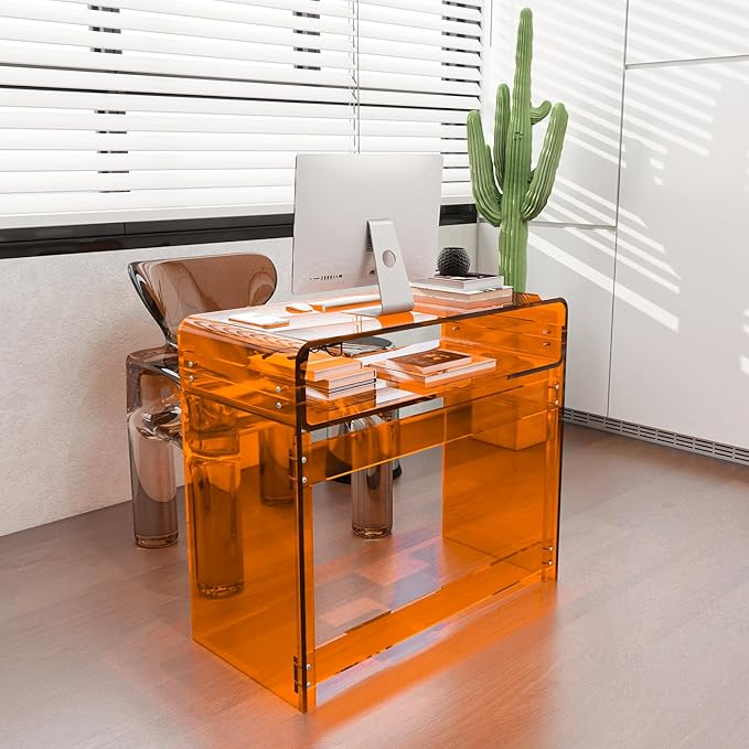 Acrylic Desk, Orange Table, Acrylic Console Table for Office, Study, Bedroom, Entrance Decor (15.5" D x 33.5" W x 29.3" H, Orange)-Ruum Studio Home