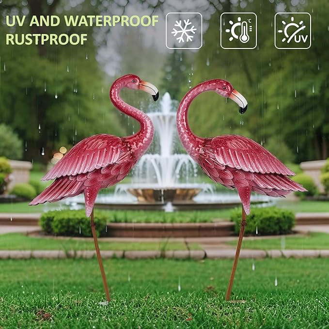 Kircust Flamingo Garden Sculpture & Statues, Metal Birds Yard Art Outdoor Statue, Large Pink Flamingo Lawn Ornaments for Home, Patio, Backyard Decor (2-Pack)-Ruum Studio Home