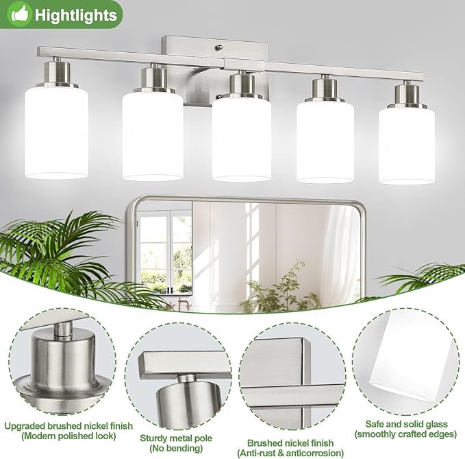 5-Light Brushed Nickel Bathroom Vanity Light with Milky White Frosted Glass Shades, Modern Bathroom Light Fixtures, Up/Down Reversible Lighting for Mirror, Bedroom, Kitchen, Living Room, Hallway-Ruum Studio Home