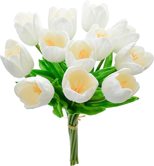 Mandy's Artificial Tulips 12 Stems White Partially Open PU Faux Flowers for Wedding Home Decor 13.5 Inch-Ruum Studio Home