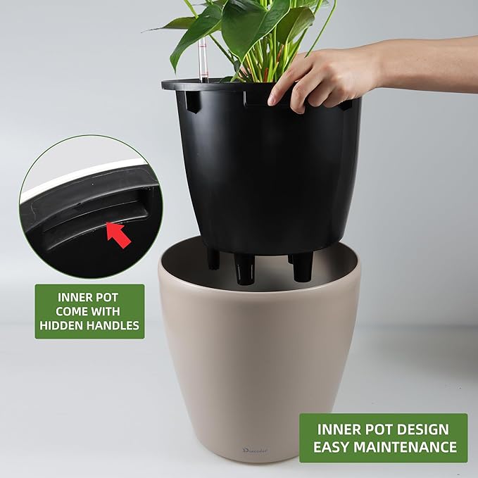 Dexceder 13x12 Self Watering Planter with Wheels Indoor Outdoor, Inner Pot Design, Thickened Large Floor Standing Flower Plant Pot with Water Level Indicator (Taupe Matte)-Ruum Studio Home