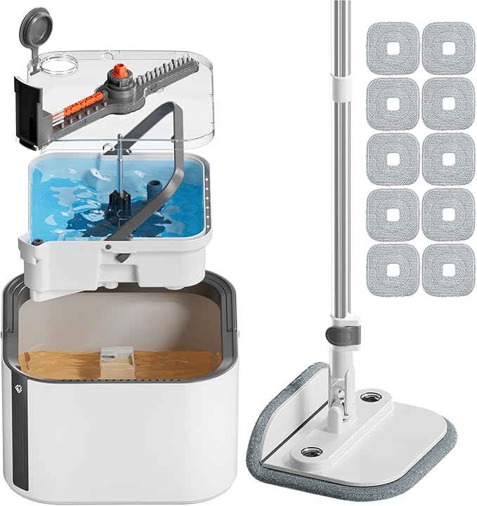 Upgraded Spin Mop and Bucket Self-Standing Mop Bucket Separate Dirty and Clean Water System Self Wringing 360° Rotating Clean Mop and Bucket Set (Light Gray, 10Pads Mop and Bucket Set)-Ruum Studio Home