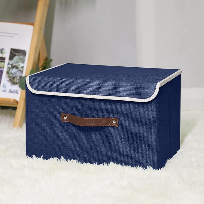 ANMINY Storage Bin with Lid Storage Boxes with PU Leather Handles PP Plastic Board Decorative Foldable Lidded Cotton Linen Fabric Home Cubes Baskets Closet Organizer Container - Blue, Large Size-Ruum Studio Home