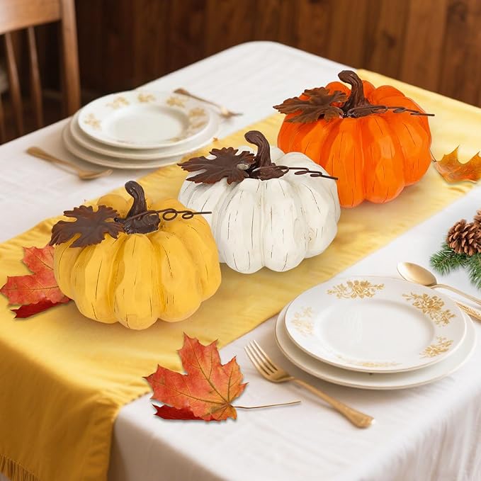 Large Pumpkin Decor Fall Decor, 3PCS Resin Pumpkins Thanksgiving Decorations with Metal Maple Leaf,5.9Inch Artificial Pumpkins for Home, Farmhouse, Mantel, Centerpiece Table Decorations-Ruum Studio Home