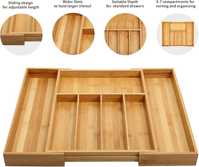 VaeFae Premium Bamboo Drawer Organizer, Expandable Silverware Drawer Organizer, Cutlery Tray with Dividers for Kitchen Utensils (Natural, Large)-Ruum Studio Home