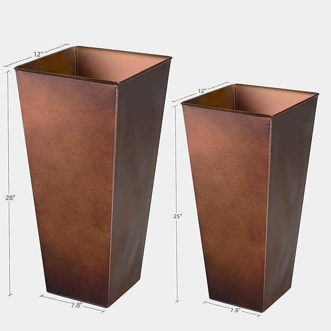 KOL 25'' & 28'' Tall Galvanized Steel Planter with Saucer, Metal Planter Pots for Indoor & Outdoor Use, Decorative Flower Plant Pots with Drainage Hole for Front Porch, Patio, Deck - Rust Color-Ruum Studio Home