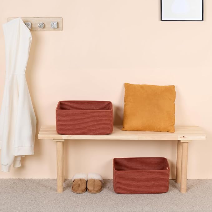 Large Storage Baskets for Shelves, Closet Organizers Bins for Clothes Blanket Towels, Baby Nursery, Toy Baskets Box, Woven Rope Baskets, 17 x 13 x 7.5”, 3 Packs Oxide Red-Ruum Studio Home