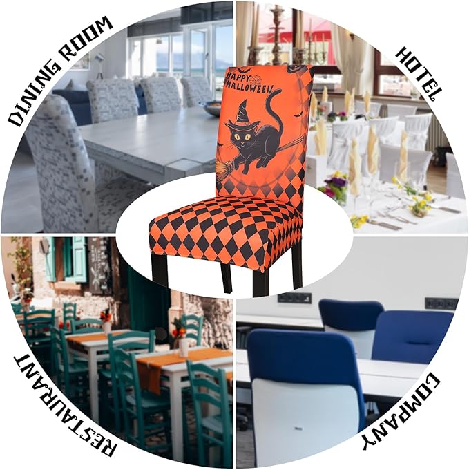 JQinHome Orange Halloween Chair Slipcover,Cat Chair Covers Set of 4, High Stretch Washable Chair Protector Cover for Dining Room, Kitchen,Home Party,Wedding Ceremony(Cat Orange,4PC)-Ruum Studio Home