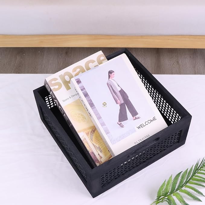 YRMT Wood Storage Crate Basket Rustic Wooden Storage Container for Organizing Decorative Bamboo Box with Handles for Pantry, Shelves Organizer 11.4" x 11.4" x 5" (Black)-Ruum Studio Home