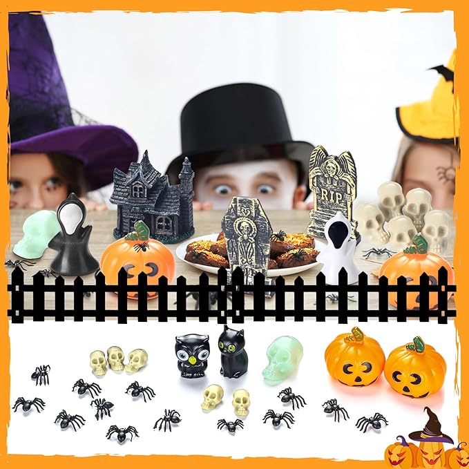 56 Pcs Halloween Village Accessories Set Halloween Haunted House Village Set Miniature Tombstones Tree Fake Spiders Fence Streetlamp Figurines for Home Table Party Decor-Ruum Studio Home