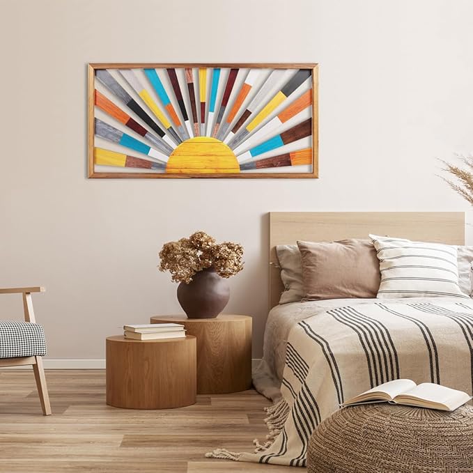 IARTTOP Large Boho Sun Wall Art Framed Wooden Art Wall Decor Rainbow Sun Rising On The Horizon Geometric Line Sunshine Wall Art for Living Room Bedroom Office 16"x32"-Ruum Studio Home
