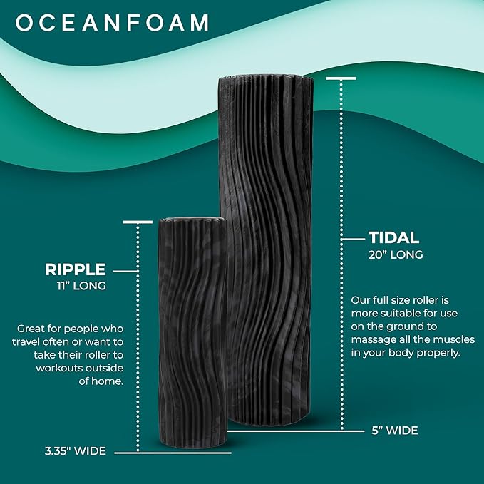 Oceanfoam Tidal Roller - Black & Charcoal Marbled - Muscle Massage Foam Roller for Back Pain & Stretching - Firm and Ergonomic Wide Wave Textured - Yoga, Athletics, & Wellness - Full Size, 20" x 5"-Ruum Studio Home