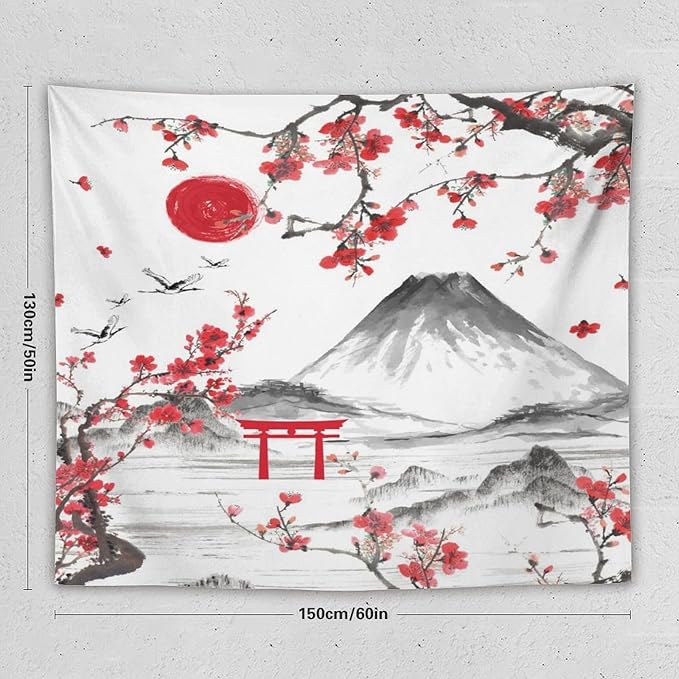 Red Cherry Blossoms Tapestry, Japanese Fuji Mountain Tapestry, Asian Japanese Wall Tapestry, Nature Landscape Tapestries for Bedroom Living Room Decor 60"x50"-Ruum Studio Home
