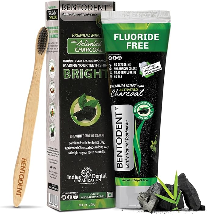 BENTODENT Fluoride Free Organic Charcoal Toothpaste with Bentonite Clay for Teeth Whitening- Natural Sensitive Teeth Whitening Toothpaste, Vegan, Travel-Ruum Studio Home