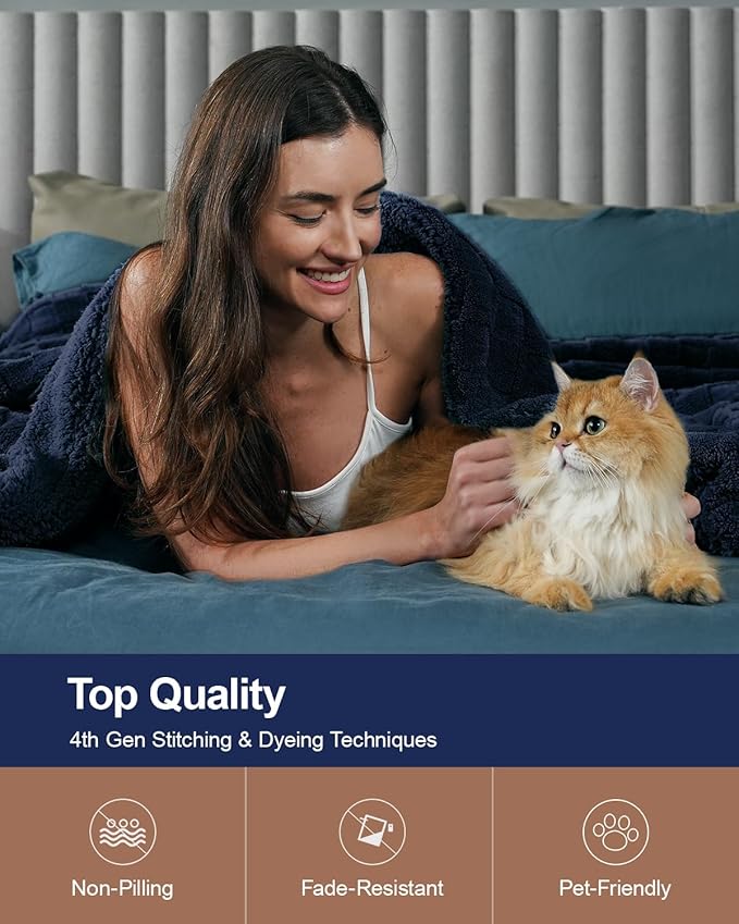 Pawque Super Soft Cozy Throw Blanket King Size for Couch Bed, Fluffy Sherpa Fleece Reversible Thick Warm Fuzzy Blanket for All-Season, 3D Checkered Jacquard Decorative Blankets, Navy Blue, 108"x90"-Ruum Studio Home
