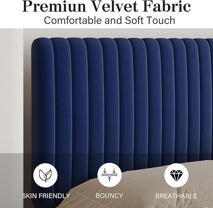 Queen Size Bed Frame with Headboard, Velvet Upholstered Platform Bed with Vertical Channel Tufted Design, No Box Spring Required, Easy Assembly, Blue-Ruum Studio Home