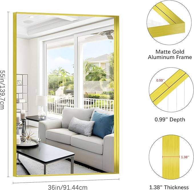 Gold Bathroom Mirror, 36x55 Inch Rectangular Deep Frame Mirror, Large Wall Mounted Bathroom Vanity Mirror Over Sink for Bedroom,Restroom, Living Room, Hangs Vertically or Horizontally-Ruum Studio Home