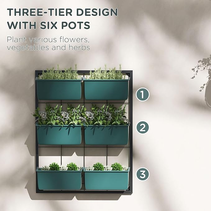 Outsunny 3-Tier Wall Planter with 6 Pots for Indoor and Outdoor Use, Hanging Plant Holder, Self Draining Wall Mounted Planter for Vegetables, Flowers, Herbs, Green-Ruum Studio Home