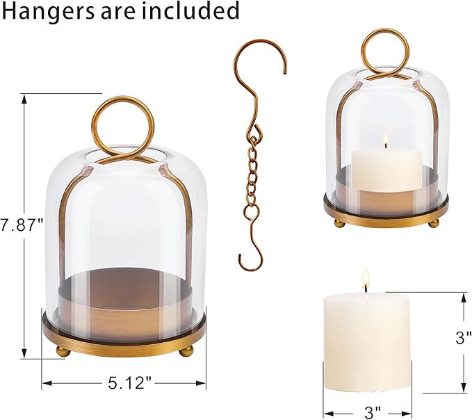 5"x7.5" Versatile Modern Metal Hurricane Lantern with Handmade Sturdy Glass Dome for 3" Pillar Candle & Plants (Brass, 5"x7.5" for 3" Pillar)-Ruum Studio Home